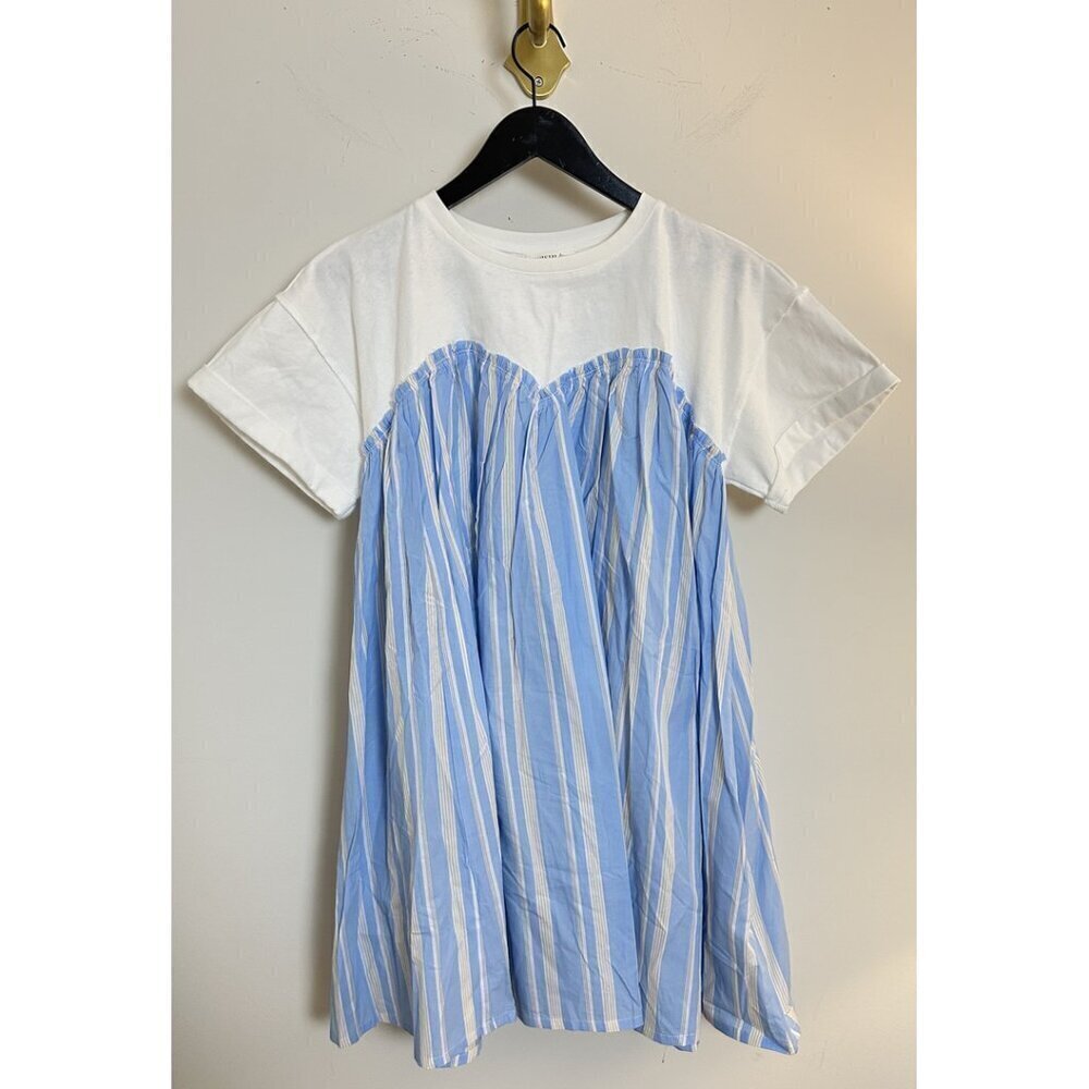 WISHLIST Nordstrom Stripe Twofer Mixed Media Cotton Babydoll Dress in Blue Combo - Picture 3 of 10